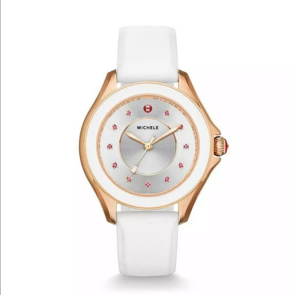 Michele Watch Rose Gold Pink Topaz White Silicone